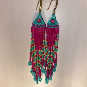 Pink & Teal Seed Bead Fringe Dangle Earrings💖 NWOT